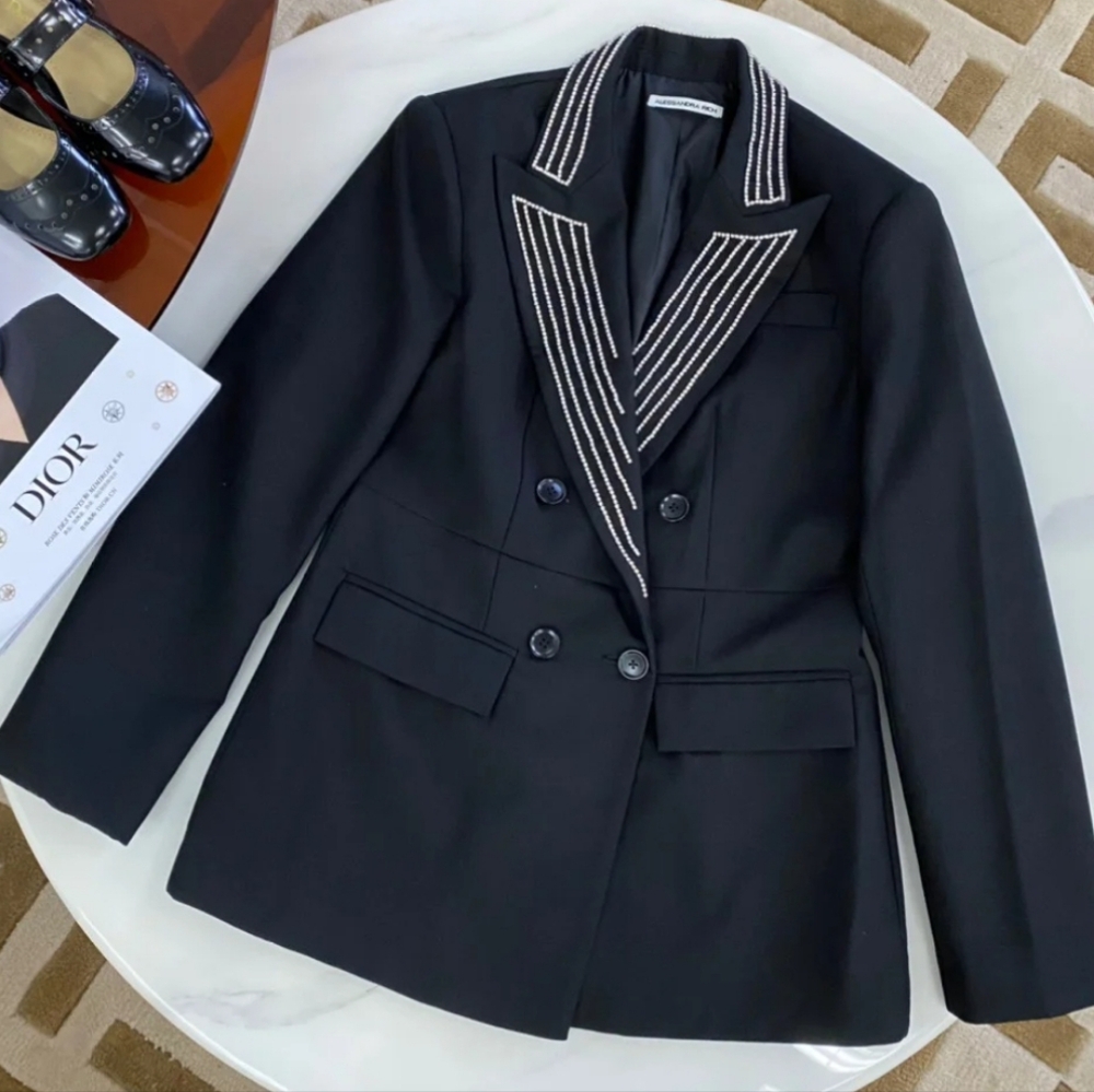 Alessandra Rich Rhinstone Fitted Double Breasted Black Blazer